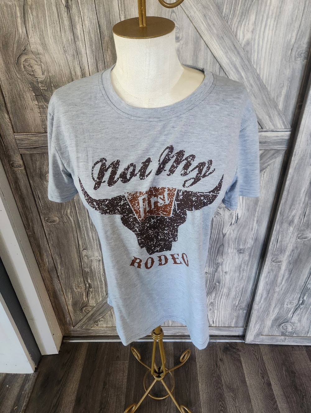 Light Gray Graphic Tee with not My First Rodeo Bull Design